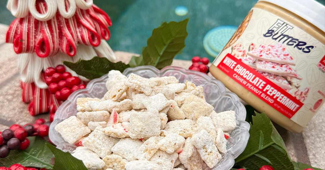 White Chocolate Peppermint Fit Butters Puppy Chow (Muddy Buddies)